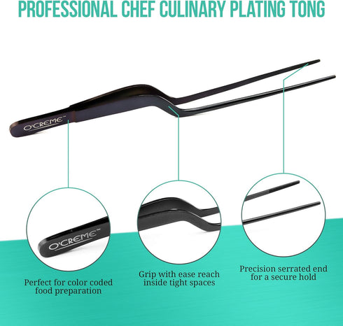 O'Creme Culinary Stainless Steel Tweezer Tongs Set of 2 - One 10 Inch Straight and One 8 Inch Offset (Silver)...