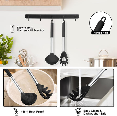 TeamFar Silicone Pasta Fork and Ladle Spoon Set, 2 Pcs Large Nonstick Kitchen Utensils with Stainless Steel Handle for Cooking, Draining, Serving ...