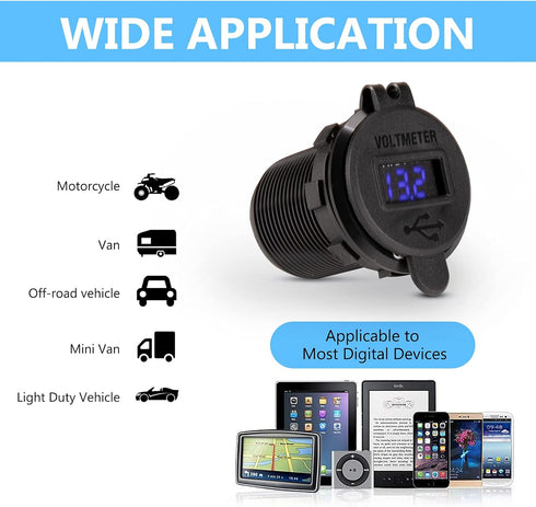 BUNKER INDUST Car Charger Socket Quick Charge 3.0QC,Dual Port USB Type C Outlet with Blue LED Digital Voltmeter,Aluminum Power Adapter 12V/24V Wat...