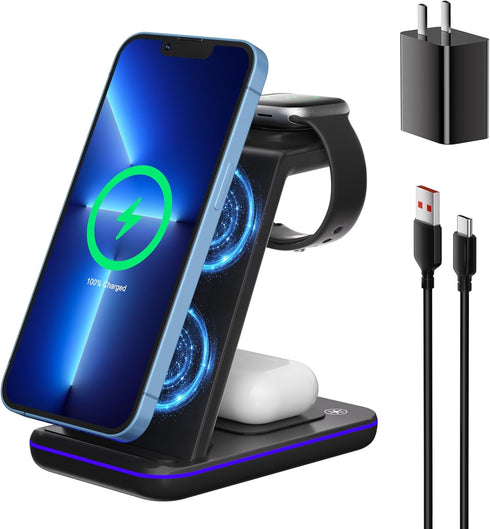 Wireless Charging Station, 3 in 1 Fast Wireless Charger for iPhone 15/14/13/12/11 Series/SE/XS/XS Max/XR/X/8/8 Plus, Charging Stand for Apple Watc...
