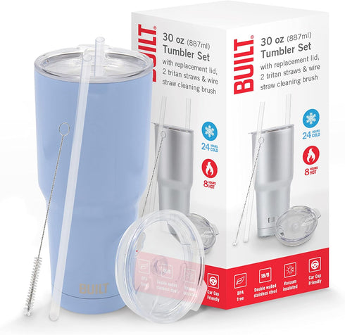 BUILT Double Walled Stainless Steel Tumbler Set with Replacement Lid, 2 Reusable Tritan Wire Straw Cleaning Brush in Gift Box, 30-ounces, Cerulean...