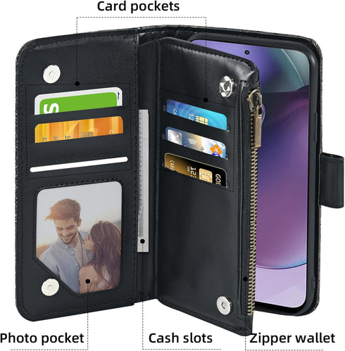 Asuwish Phone Case for Motorola Moto G Stylus 4G 2023 Wallet Cover with Screen Protector and Wrist Strap Bling Glitter Leather Flip Zipper Card Ho...