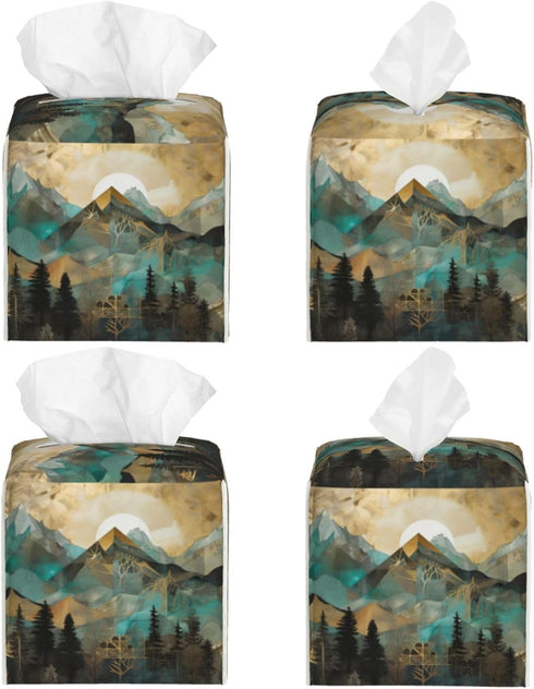 Square Tissue Boxes(5.2"x5.2"x5.2"), Mountains Trees Landscape Sunrise Tissue Holder Decor for Vanity Countertop/Home/Car/Office...