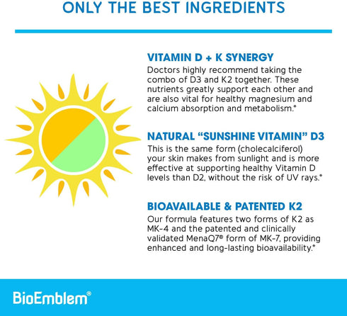 BioEmblem Vitamin D3 K2 Capsules (5000IU and 200mcg) - Patented MK7 and MK4 for 3-in-1 Complex Support - Vegetarian Vitamin D K2 Supplement for Te...