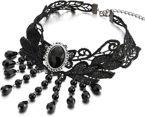 COOLSTEELANDBEYOND Gothic Victorian Nostalgic Black Lace Choker Necklace with Dangling Black Bead Charms Link Chain...