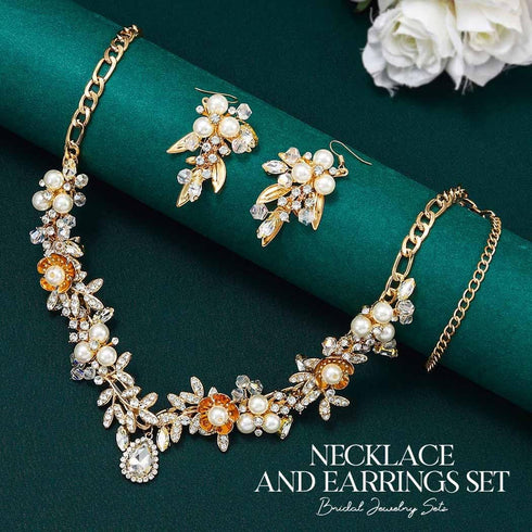 Unicra Gold Crystal Bridal Wedding Jewelry Set Pearl Necklace Earrings Sets Rhinestone Formal Costume Jewelry for Women and Brides...