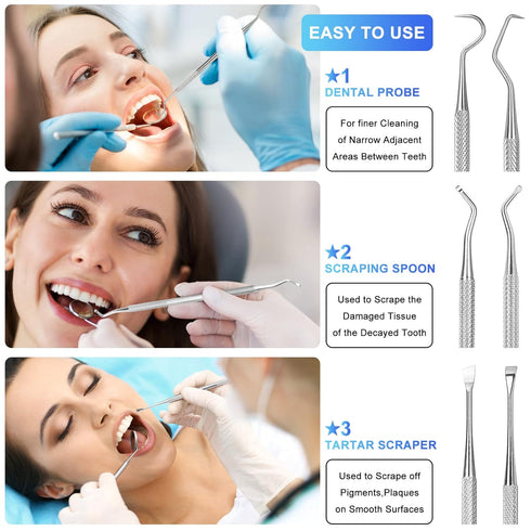 Dental Tools, 3 Pack Teeth Cleaning Tools Stainless Steel Dental Scraper, Pick Hygiene Set for Dentist, Personal Using, Family Oral Care, Pets, Ca...