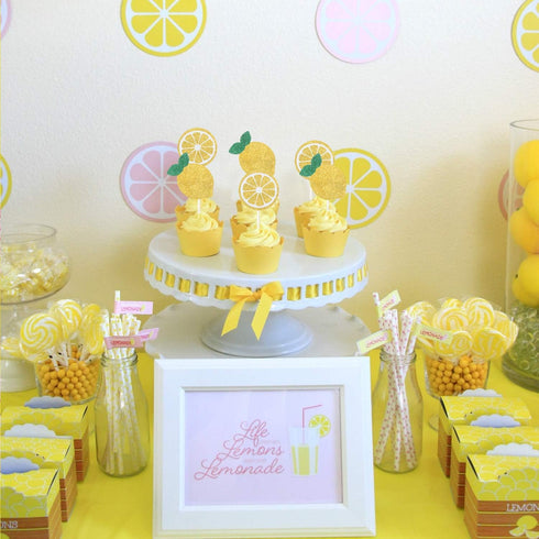 Oskal 24Pcs Glitter Lemon Cupcake Toppers Fruits Theme Party, Lemonade Party Decor, Summer Cupcake Toppers, Main Squeeze Party Decorations Tutti F...