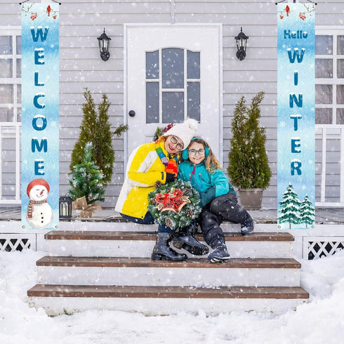 Welcome Hello Winter Porch Banner Snowman Cardinal Christmas Xmas Holiday Front Door Sign Wall Hanging Party Decoration...