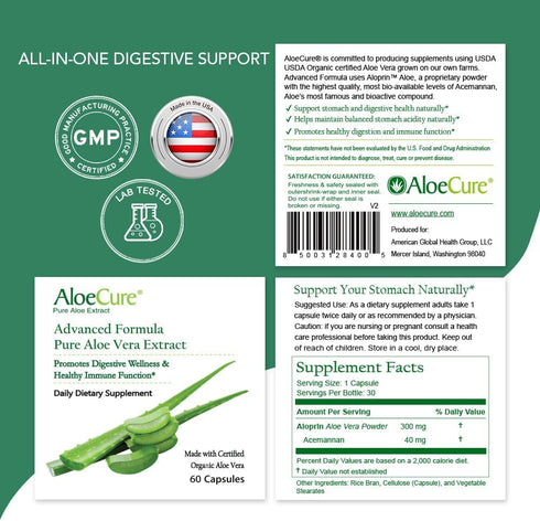 AloeCure Organic Aloe Vera Capsules, 130,000mg Inner Aloe Leaf Equivelant per Serving, Support Gut Health & Digestive Comfort, Stomach Acid Buffer...