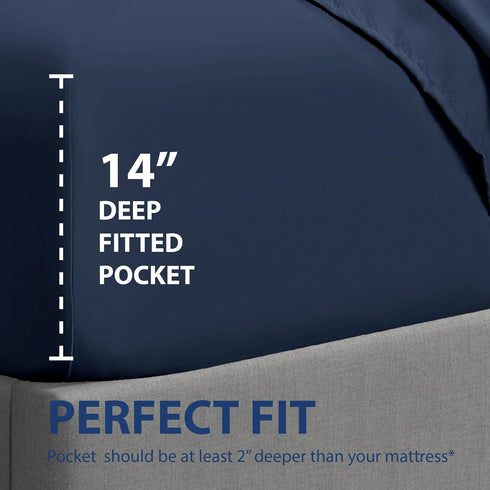 Cathay Home Luxury Wrinkle And Fade Resistant Double Brushed Ultra Soft Microfiber 14-inch Standard Pocket Single Fitted Sheet, Navy Blue, King...