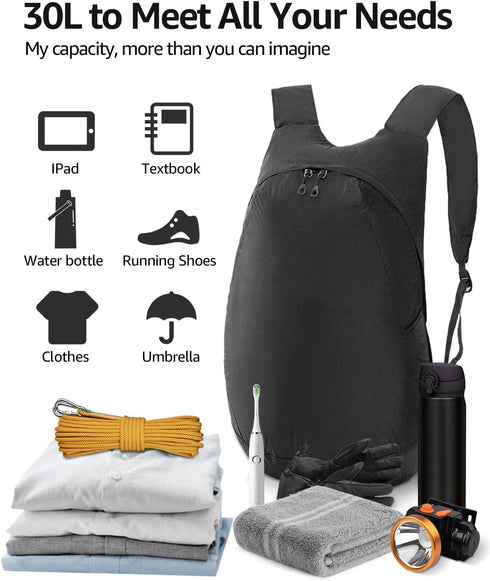 MULISOFT 30L Foldable Hiking Backpack, Lightwight Camping Backpack For Men & Women, Water-resistant Travel Daypack, Multifunctional Black Backpack...