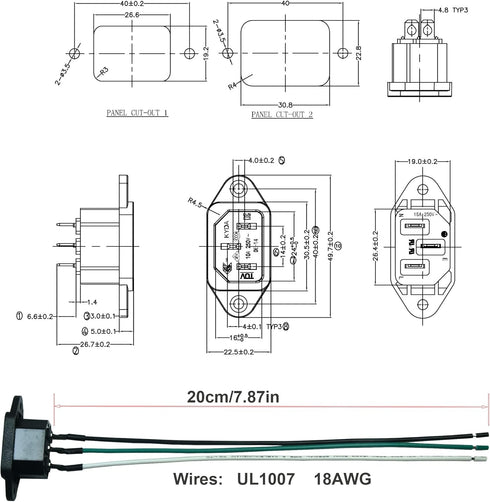 2PCS IEC 320 C14 Panel Mount Plug Adapter, AC 250V 10A 3 Pins IEC Inlet Module Plug Power Connector Socket with 3 Wires...