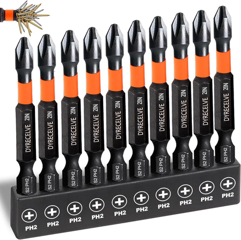 10-Pack Phillips Bits #2 Impact Magnetic 2 Phillips Bits- PH2 Bits Premium S2 Alloy Steel Phillips Head Drill Bits- Phillips Screwdriver Bits (2-I...