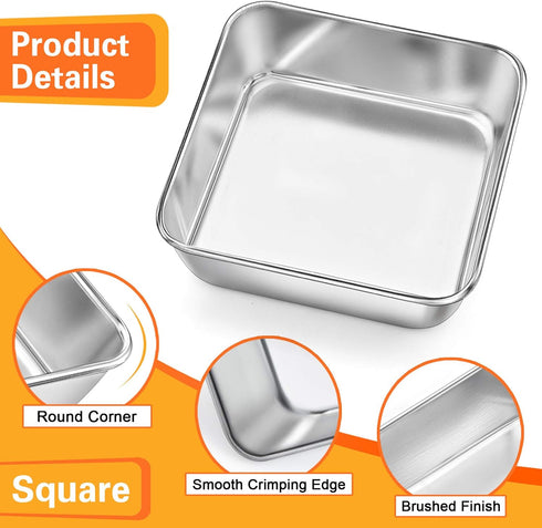 P&P CHEF 6 Inch Square Cake Baking Pans (2 Pcs), Stainless Steel Lasagna Brownie Pan For Small Birthday Cake Bread Pie, Leakproof & Brushed Surfac...