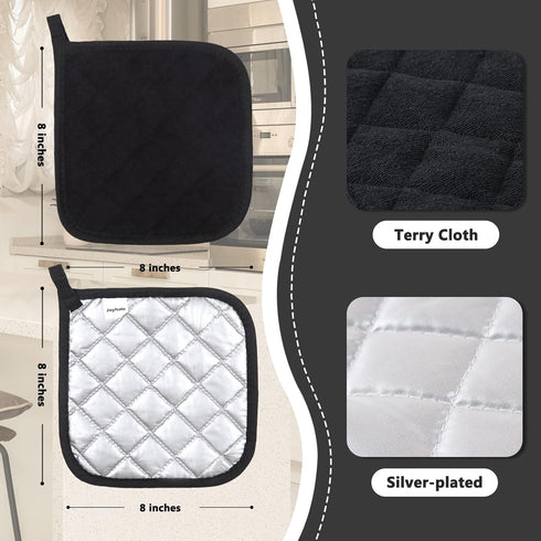 Joyhalo 4 Pack Pot Holders - Heat Resistant Oven Hot Pads, Terry Cloth, Black...
