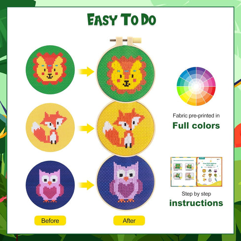 Ecoofor 9 Sets Jungle Animals Cross Stitch Kits for Kids 7-13 embroidery kit for kids Backpack Charms Cross Stitch Kits for Beginners Christmas gi...