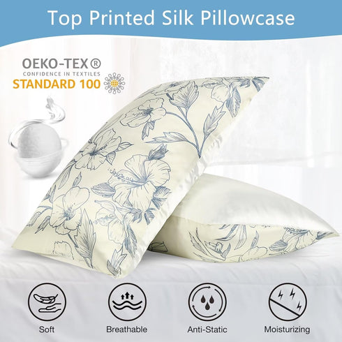 Blue Floral Silk Pillowcases Standard, Reversible Satin Pillow Cases for Hair and Skin Envelope Closure, 22 Momme 6A Grade 100% Silk 20"x26"...