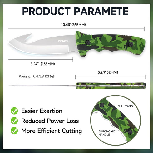 Fixed Blade Hunting Knife with Sheath,Full Tang Stainless Steel Camping Knife with Gut Hook Edge,Portable Deer Skinning Knife for Hunter,Outdoor H...