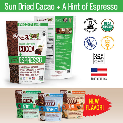 CocoaX Organic Cocoa Powder with Espresso Powder - 8oz Gluten Free, & Non-GMO Unsweetened Cocoa Powder for Baking - Dutch Processed Cocoa Powder t...
