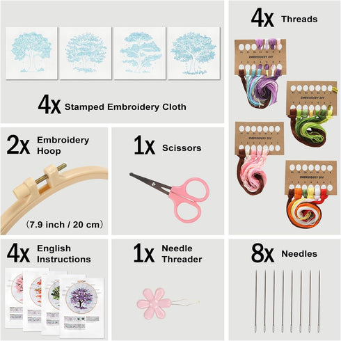 Sivilife Embroidery Starter Kit for Beginners, 4 Sets Stamped Cross Stitch Kits for Adult, Seasonal Tree Pattern Hand DIY Kits with 2 Embroidery H...