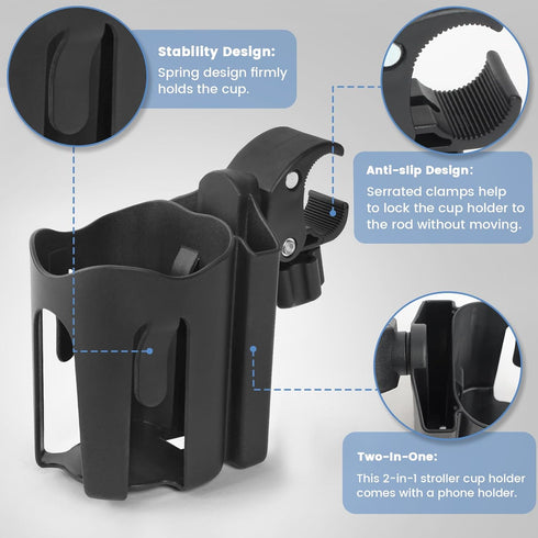 Universal Stroller Cup Holder with Phone Holder, 2-in-1 Cup Phone Holder, Mega Strength Adjustable Clamp fits on Any Bike, Walker, Wheelchair, Lar...