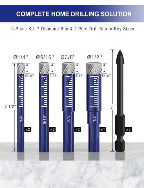 9 PCs Diamond Drill Bit Set for Porcelain, Ceramic, Glass & More - Versatile Tile Drill Bits for Efficient, Precise Drilling...