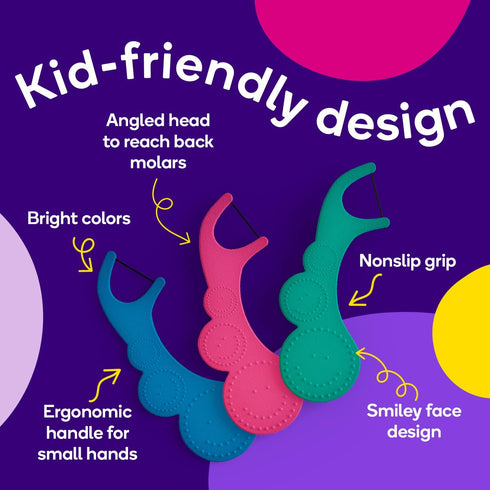 BURSTkids Flossables Kids Flossers - Kids Floss Picks with Ergonomic Design, No-Slip Grip, Smiley Face and Fun Colors - Toddler & Kids Dental Flos...