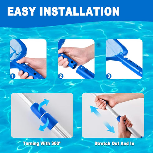 Swimming Pool Skimmer Net, Pool Net with 3 Pole Sections, 10.6" x 48.8" Pool Skimmer Net with Ultra Fine Mesh Net, Telescopic Aluminum Pole, Leaf ...