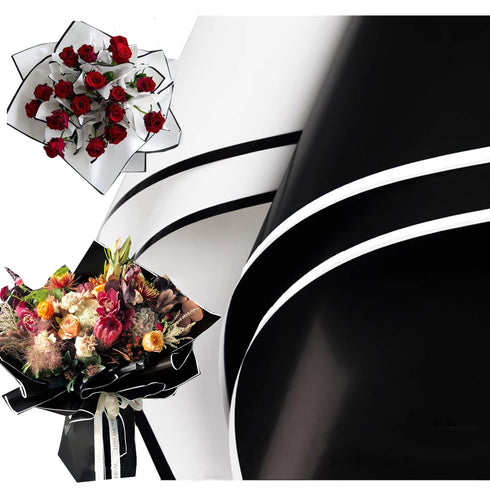 XIAOHONG 80 Sheets Black and White Border Flower Wrapping Paper,Waterproof Thicken Floral Wrapping Paper, Florist Bouquet Supplies for Fresh Flowe...