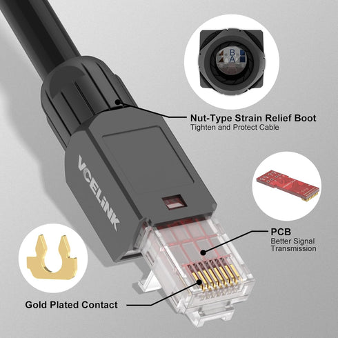 VCELINK RJ45 Connector Tool-Free, CAT6A Field Termination Plug, Gold Plated Modular Plug, UTP CAT6A Connector Toolless for 23 to 26 AWG Network Ca...