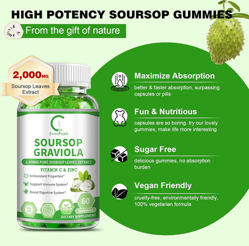 Soursop Graviola Gummies | 2,000mg Soursop Leaves Extract for Energy Boost, Digestive & Immune Support, Antioxidant Properties, Pure Soursop Fruit...