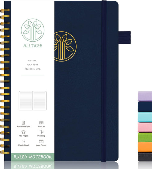 Alltree Lined Journal Notebook, Spiral Notebook for Work, Journal for Women & Men, A5 Medium, Spiral Notebook with Tabs, Pen Loop, Pocket, Sticker...