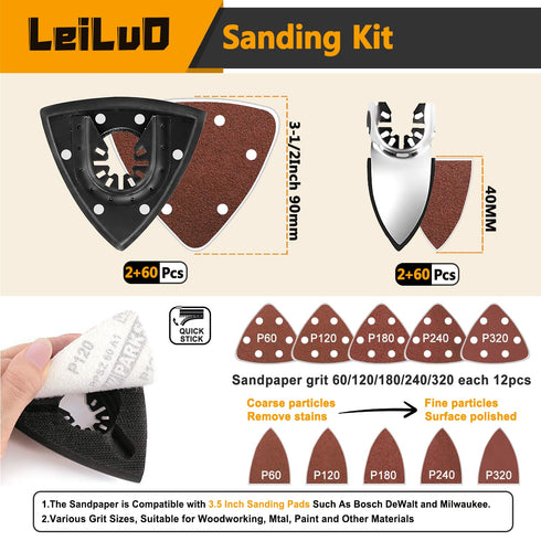 LEILUO 127 Pcs Oscillating Tool Sanding Pad Kit 2Pcs 3-1/2 Inch Triangle Sanding Pads 2Pcs Fingertip Sand Pad 120Pcs Sandpaper 3Pcs Adapters Compa...