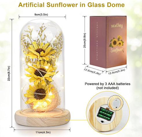 Sunflower Gifts for Women, Sunflowers Artificial Flowers in Glass Dome with LED Strip, Birthday Gifts for Mom & Grandma, Sunflower Decor on Mother...