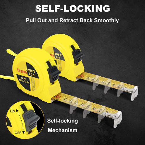2 Packs Tape Measure 25 ft /16 ft, Esydon Measuring Tape Extendable, Self-Locking Tape Measurer, Easy Read Imperial/Metric Scale Measurement Tape ...