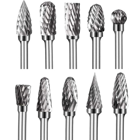 Double Cut Tungsten Carbide Carving Bits for Rotary Tool, 10 Pcs Rotary Burr Set with 1/8 inch Shank and 1/4 inch Grinding Head for DIY, Woodworki...