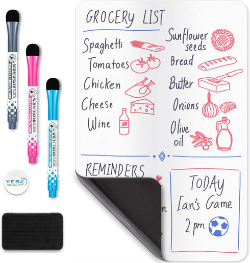 Magnetic Dry Erase White Board Sheet for Fridge 12x8 in, with Stain Resistant Technology, includes 3 Markers and Big Eraser with Magnets, Small Re...