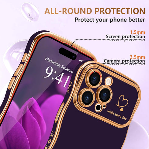 LCHULLE for iPhone 15 Pro Max Case for Women Girls, Cute Wave Frame Curly Shape with Love Heart Raised Camera Protection Cover Luxury Plating Shoc...
