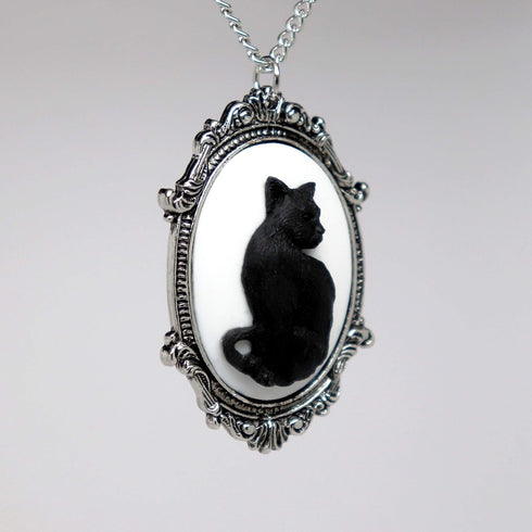 Black Cat Cameo in Antique Silver Finish Pewter Frame Pendant Necklace...