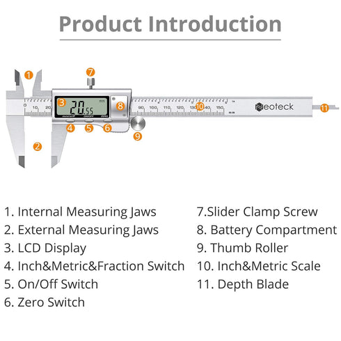 Neoteck 6 inch Digital Caliper, Full-Metal Electronic Calipers Measuring Tool Fractions/Inch/mm Conversion...