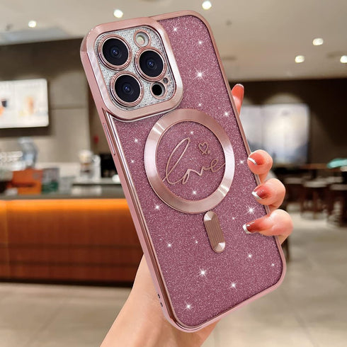 Phone Case for iPhone 15 Pro Magnetic Glitter Clear Case, Luxury Plating Love Heart Design, Full Camera Lens Protector TPU Protective Case for Wom...