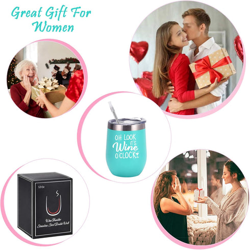 Oh Look It's Wine O'Clock - Stainless Steel Wine Tumbler with Lid, Funny Wine Gifts for Women Mom Grandma Sister Coworkers, Stemless Insulated Tum...