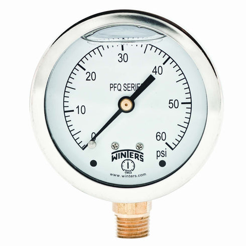 Winters 2-1/2" Dial Size, Liquid Filled Industrial Pressure Gauge, Brass Internals, 304 Stainless Steel Case, Single Scale 0-60 psi, 1.5% Acc, 1/4...