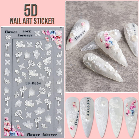 KINGMAS 5D Flower Nail Art Sticker Decals Hollow Exquisite Pattern Nail Art Supplies Self-Adhesive Luxurious DIY Nail Art Decoration White Lace Fl...
