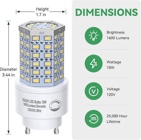 GU24 LED Light Bulb Dimmable 10W,5000K Daylight,1600 Lumens(100W Equivalent),Replace CFL Twist-in 2 Prong Light Bulb (4-Pack)...