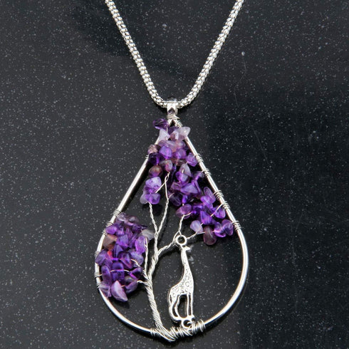 Zuo Bao Handmade Wire Wrapped Quartz Chips Tree Teardrop Pendant Necklace with Giraffe/Healing Jewelry Gift for Family (Amethyst with Giraffe)...