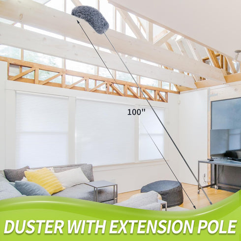 Duster with Extension Pole for Cleaning (2 Microfiber Heads Kit), 100" Long Feather Duster for High Ceilings with Washable Head, Cleaning Supplies...