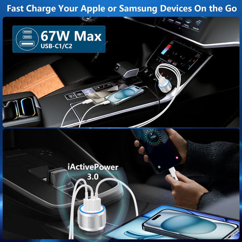 USB C Car Charger, Rombica 3-Port 67W Dual PD USB-C&USB-A Car Power Cigarette Lighter Adapter PD/QC3.0 Type C Car Charger Fast Charging for iPhone...