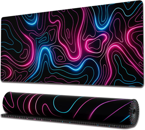 Ovenbird Gaming Mouse Pad with Stitched Edges, Topographic Map Pink Mouse Pad, Extended XL Mousepad with Anti-Slip Base, Cool Neon Large Mouse Pad...